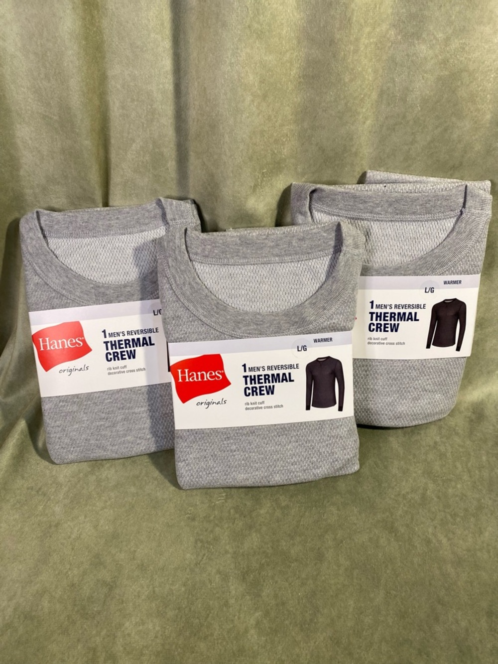 3 Hanes Gray Men's Reversible Thermal Crew sz L